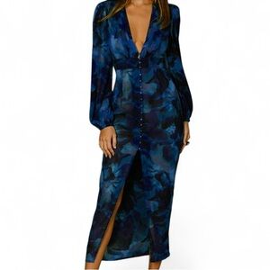 Runaway The‎ Label Calista Midi Blue Sheer Floral long Sleeve Dress size 8 Large